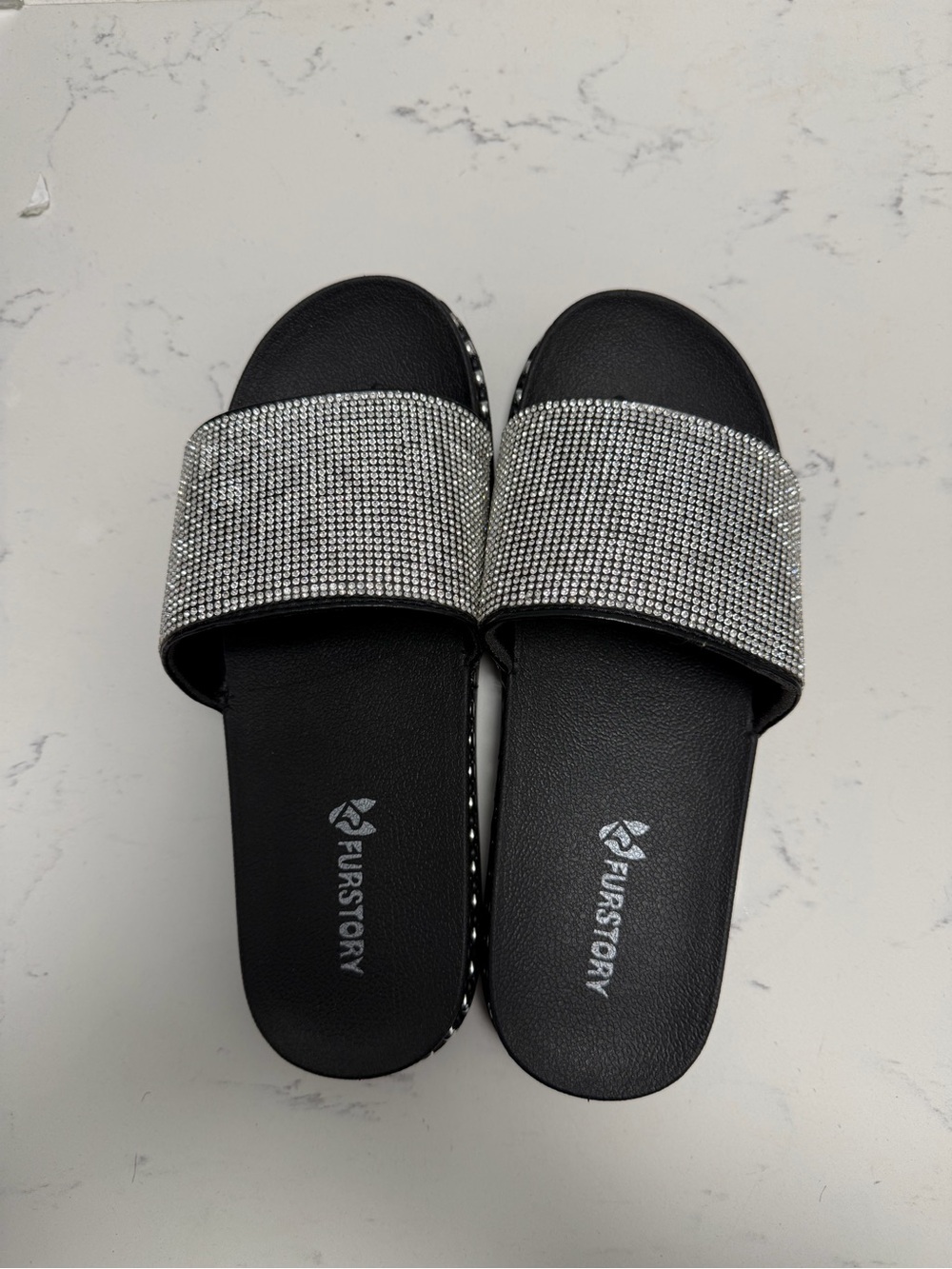 Women's Black Slide Sandals with Silver Rhinestone Band